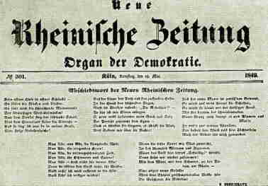 Titelblatt der letzten Ausgabe der "Neue Rheinische Zeitung" vom 19, Mai 1849 mit dem Gedicht Freiligraths